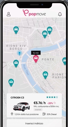 Mappa Popmove Sulla mappa dell'App si visualizzano le auto disponibili in base alla prorio posizione