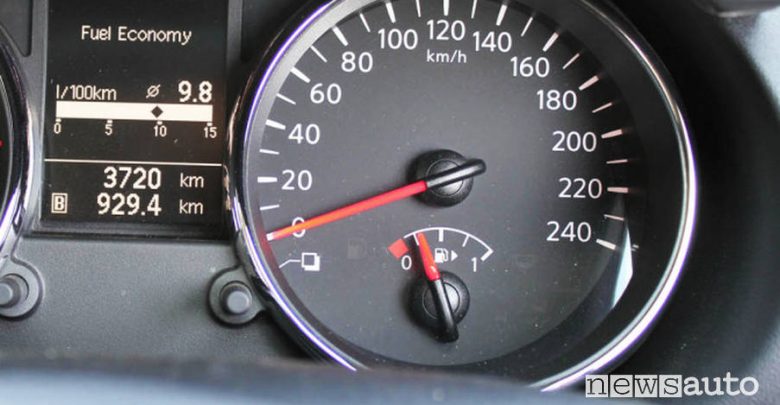 Icona serbatoio benzina mostrata sul tachimetro della propria vettura. La freccia posta accanto al simbolo della pompa indica il lato dove è il bocchettone: in questo caso i tappo del serbatorio si trova sulla destra.
