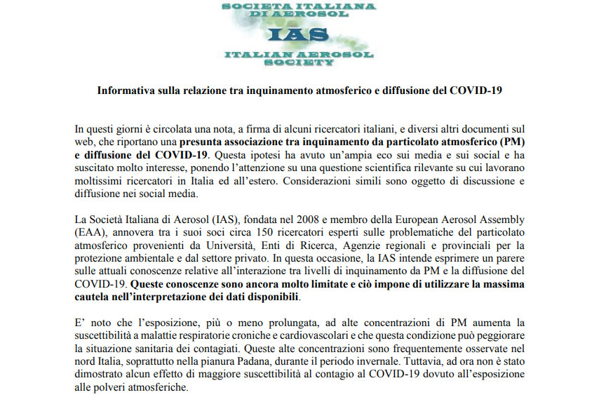 Informativa IAS relazione inquinamento diffusione Coronavirus Covid-19