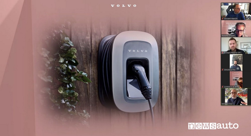 Durante il meeting Volvo su Zoom con i giornalisti del settore, un momento in cui si illustra la wallbox utilizzata per caricare la batteria della XC40 Hybrid Plug-in- Una videoconferenza su zoom