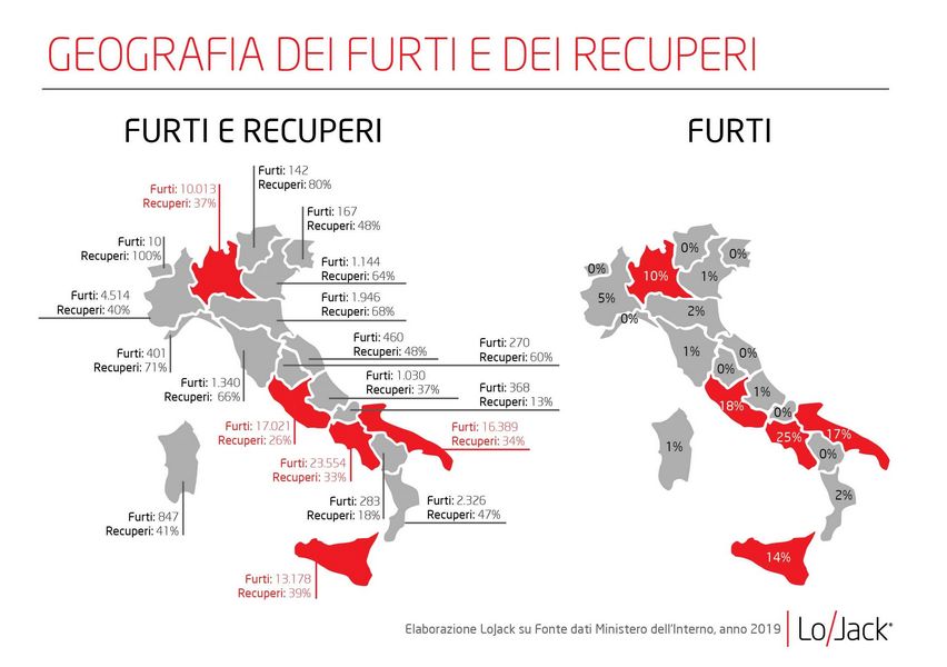 La mappa in rosso ci mostra le Regioni dove vengono rubate più auto in Italia