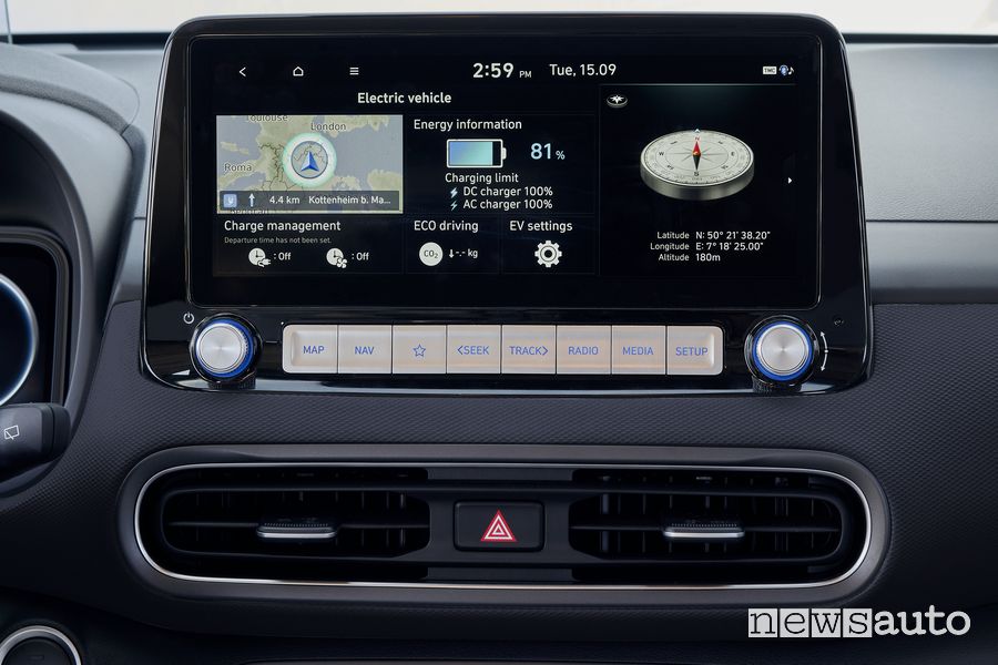 Info autonomia touchscreen da 8’’ nuova Hyundai Kona Electric