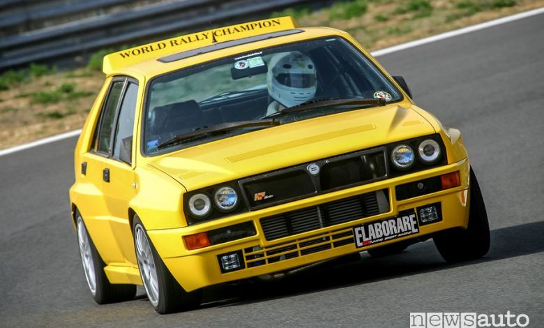 Vista anteriore Lancia Delta Integrale gialla provata in pista da Elaborare
