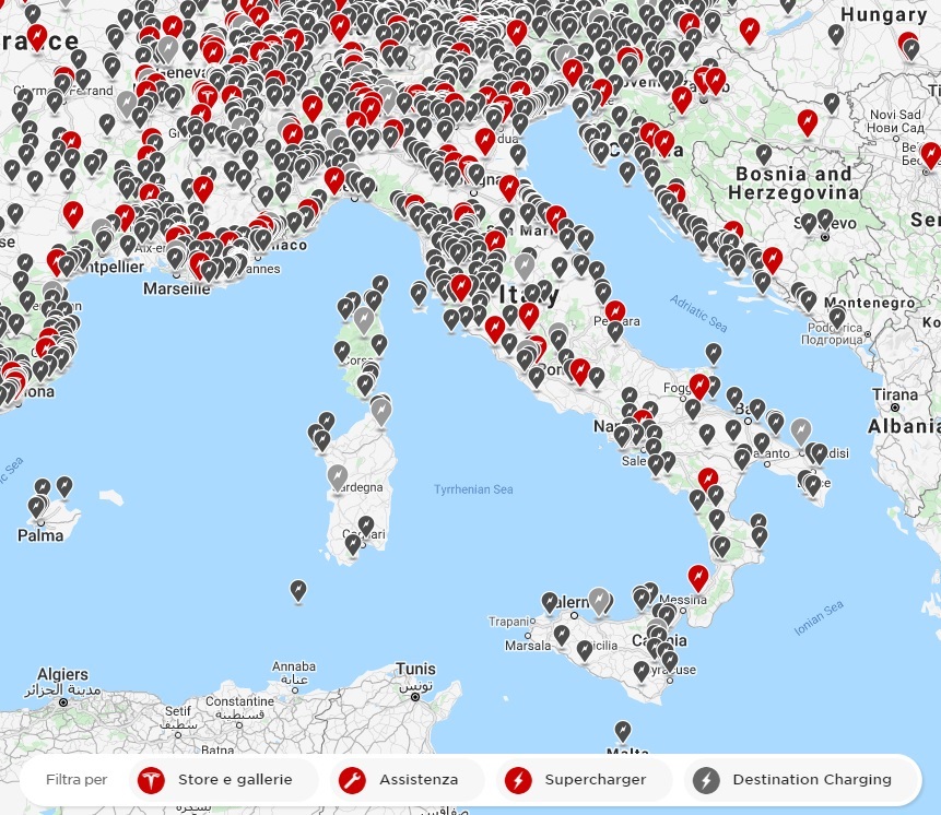 Mappa in aggiornamento dei Supercharger Tesla in Italia