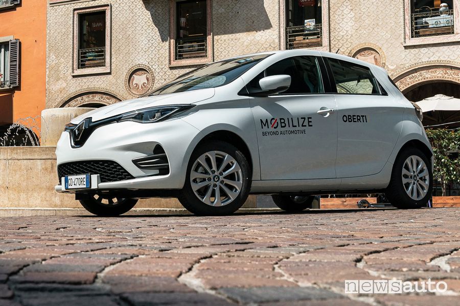 Renault Zoe of the Mobilize electric car sharing through the streets of Bergamo