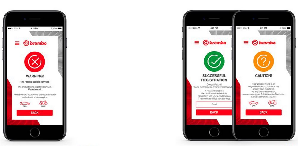 L'App Brembo Check permette di verificare in tempo reale l'originalità dei freni Brembo