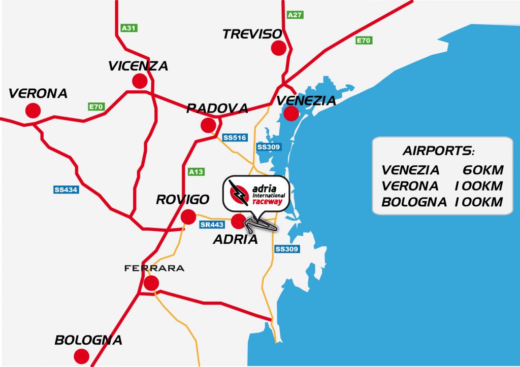 How to get to the Adria Rovigo racetrack indicating roads and distances from Venice, Verona, Bologna