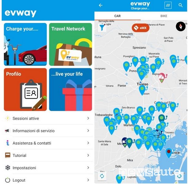 La schermata dell'app Evway per ricarica auto elettriche