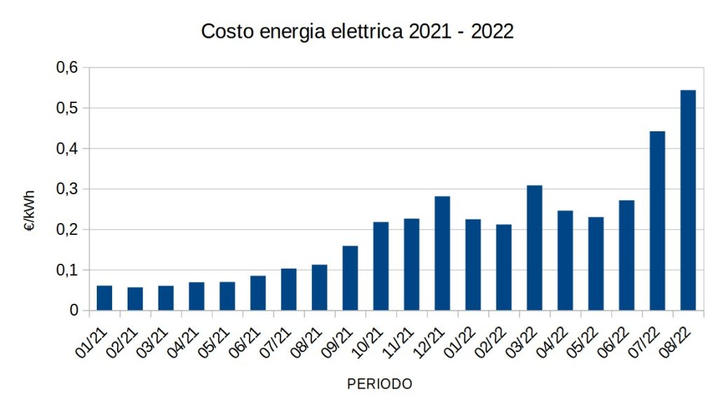 Andamento costo energia elettrica all'ingrosso, prezzi x kWh da gennaio 2021 ad agosto 2022
(Copyright Newsauto)