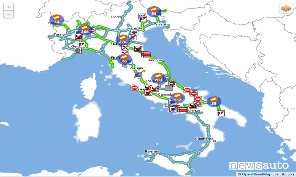 Sito web di Autostrade per l'Italia con monitoraggio del traffico nelle autostrade italiane