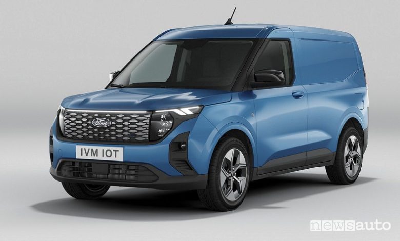 Nuovo Ford E-Transit Courier EV anteriore 3/4