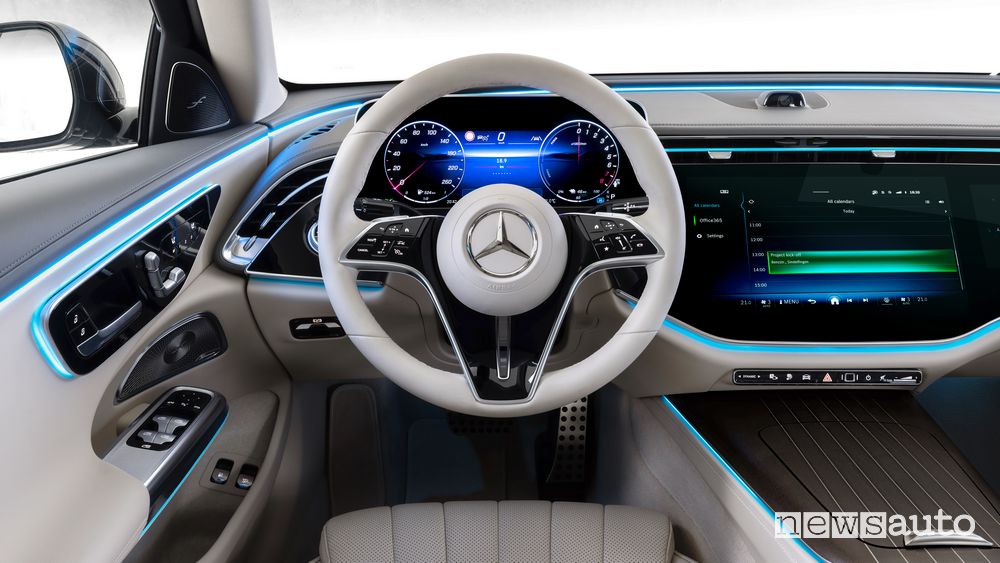 Nuova Mercedes Classe E volante, plancia display superscreen MBUX