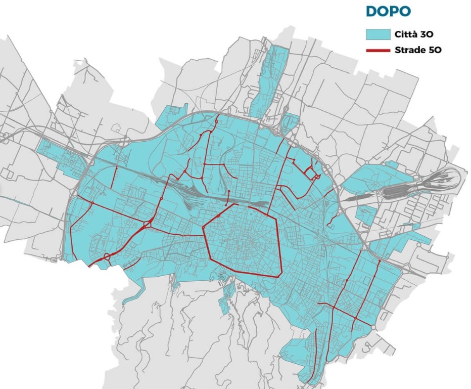 Mappa della città di Bologna dove è in vigore il limite di velocità dei 30 km/h