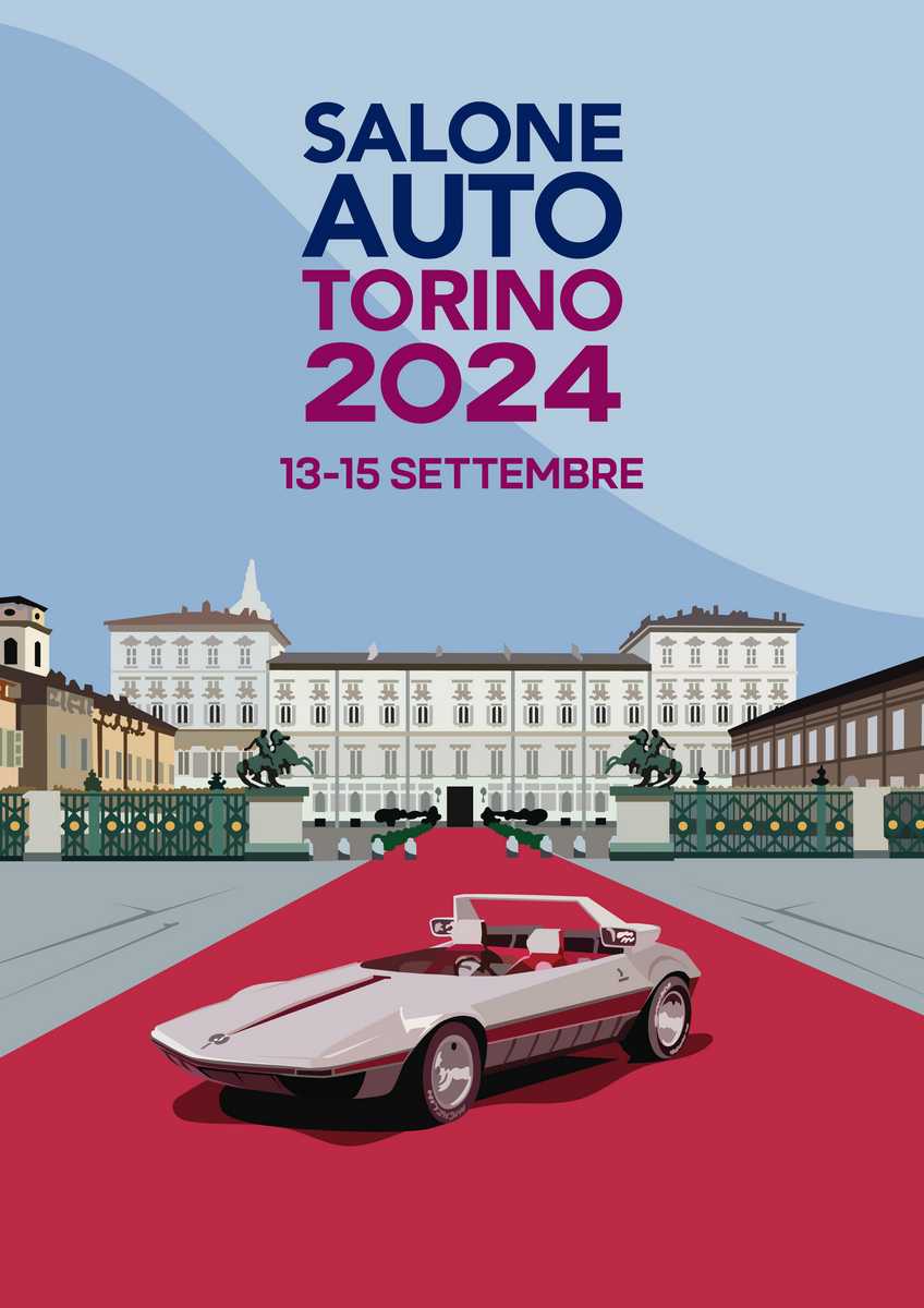Locandina del Salone di Torino 2024 con il prototipo Bertone Runabout