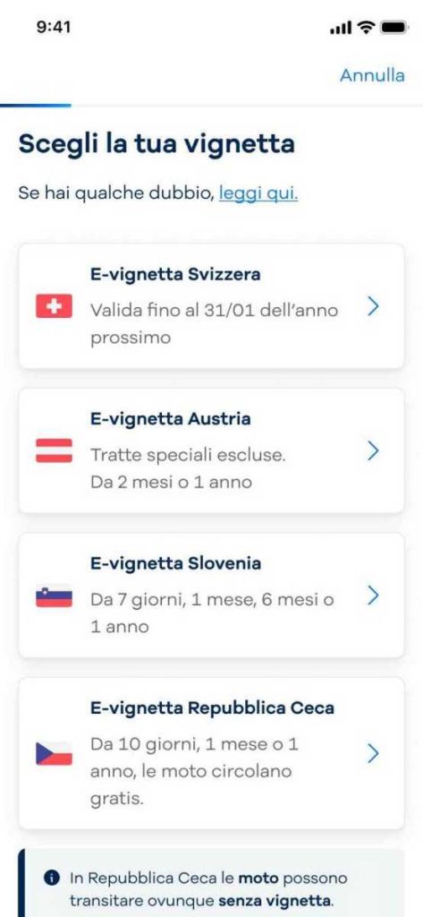 Schermata per la selezione delle Vignetta dall'app Telepass