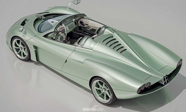 Pagani Huayra Codalunga Speedster posteriore 3/4 con il tetto aperto