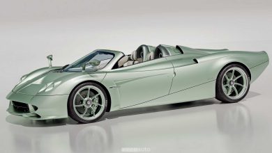Pagani Huayra Codalunga Speedster anteriore 3/4 con il tetto aperto